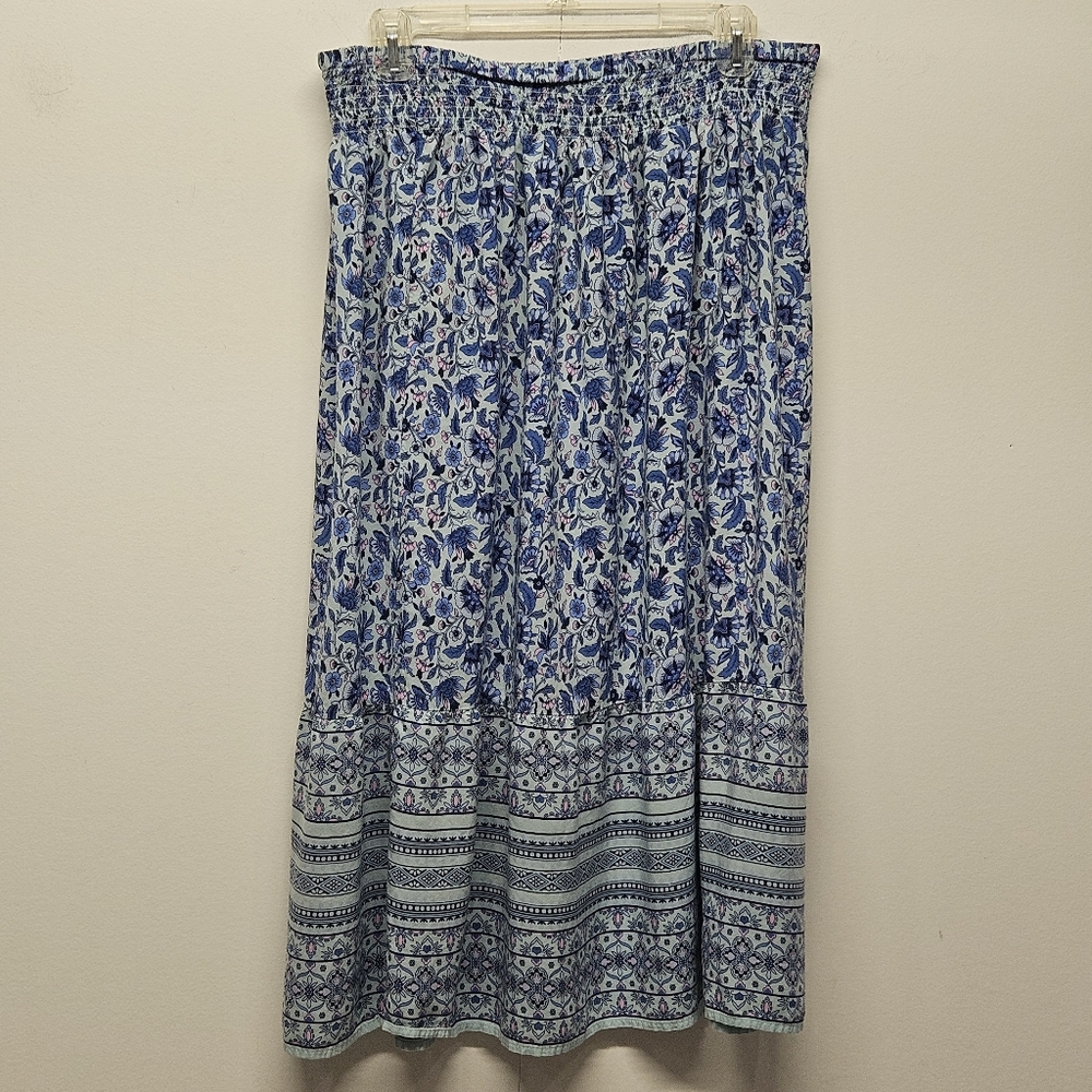 J. Jill Blue Floral Smocked Waist Rayon Midi Skirt Large Petite Easter Cottage - Picture 8 of 10